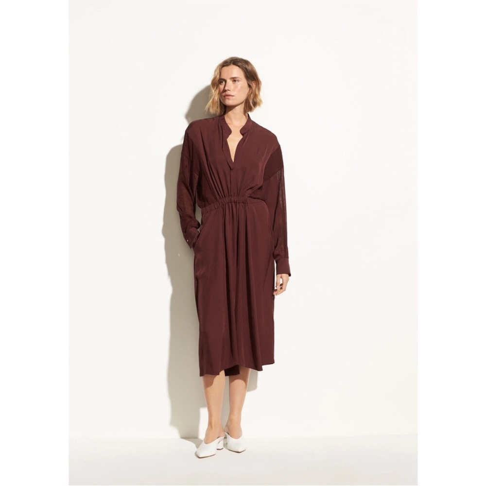VINCE Mixed Media Midi Long Sleeve Lace Dress Black Cherry Red Small Silk Blend - Picture 2 of 6